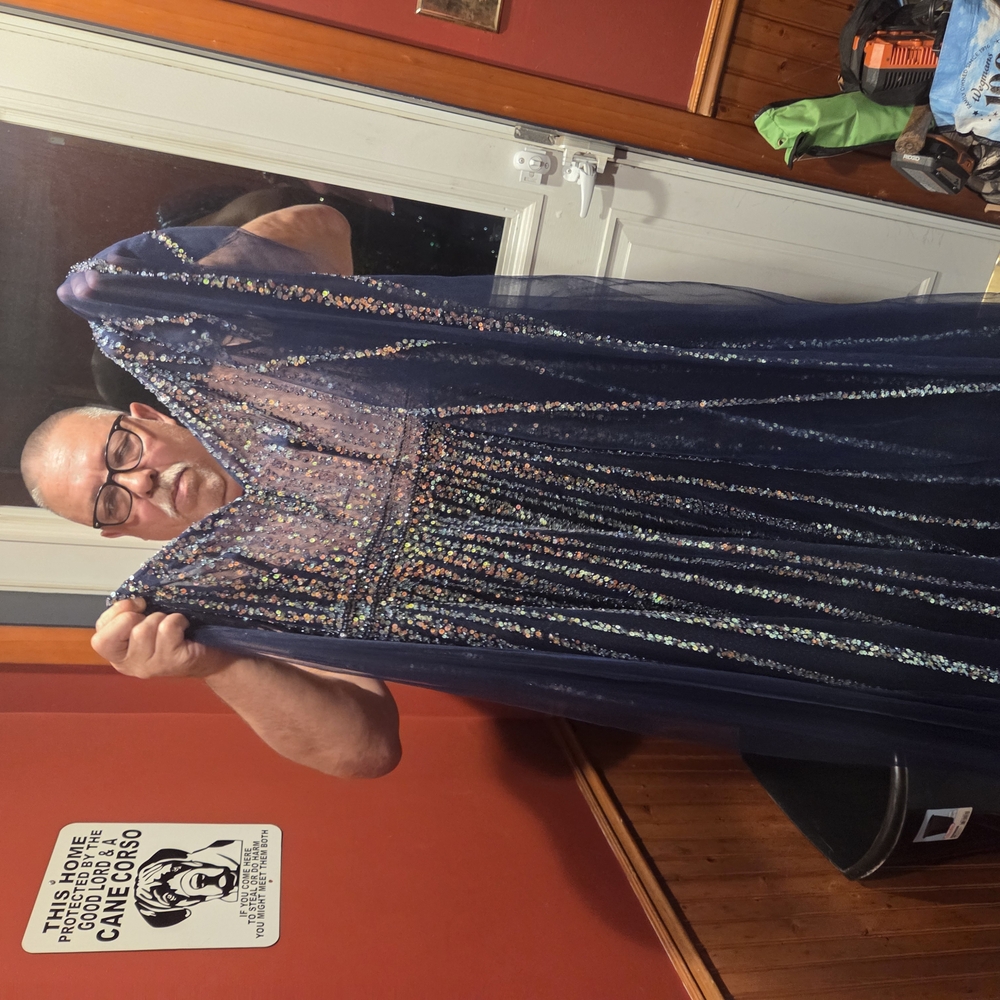 Jovani Blue and Gold Sequin Pleated Gown - Picture 2 of 9
